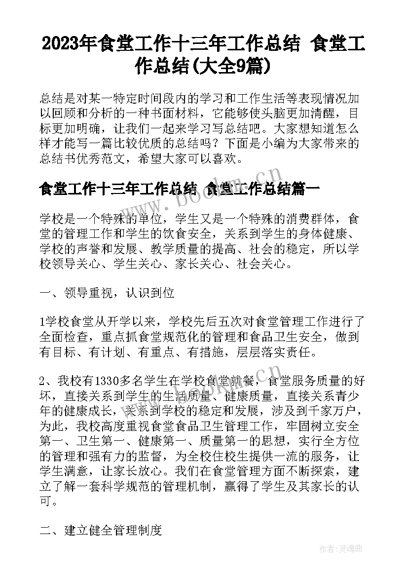 2023年食堂工作十三年工作总结 食堂工作总结(大全9篇)