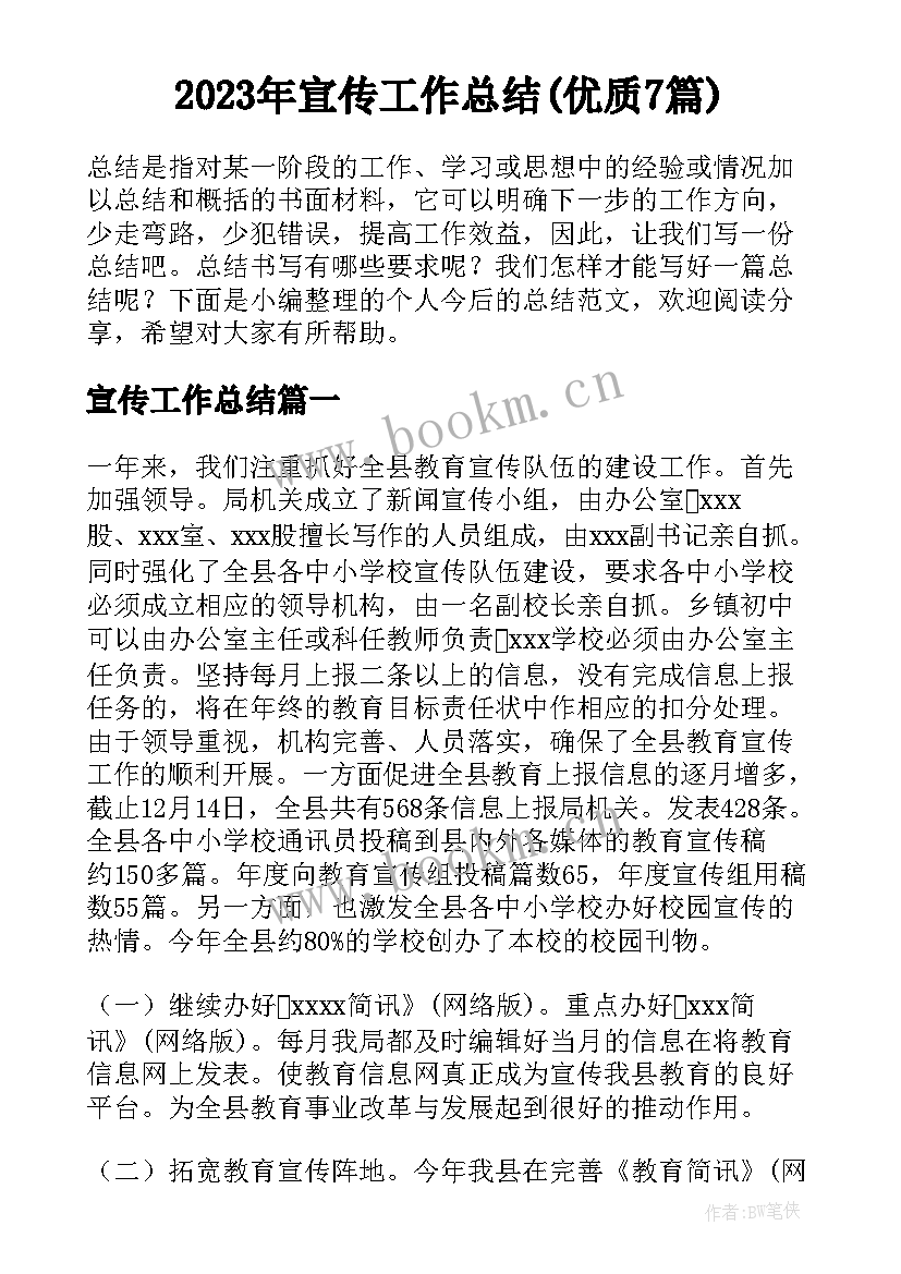 2023年宣传工作总结(优质7篇)