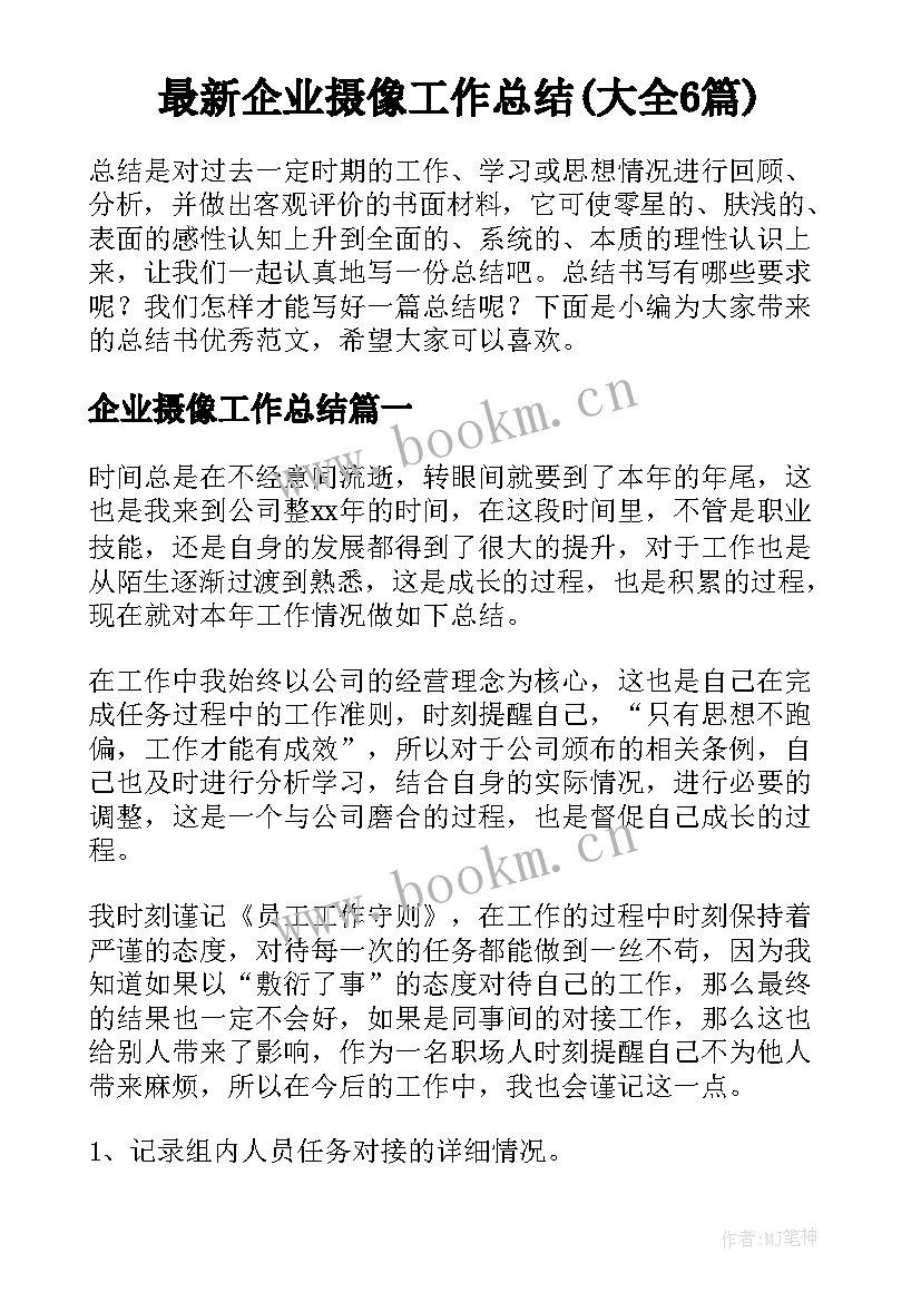 最新企业摄像工作总结(大全6篇)