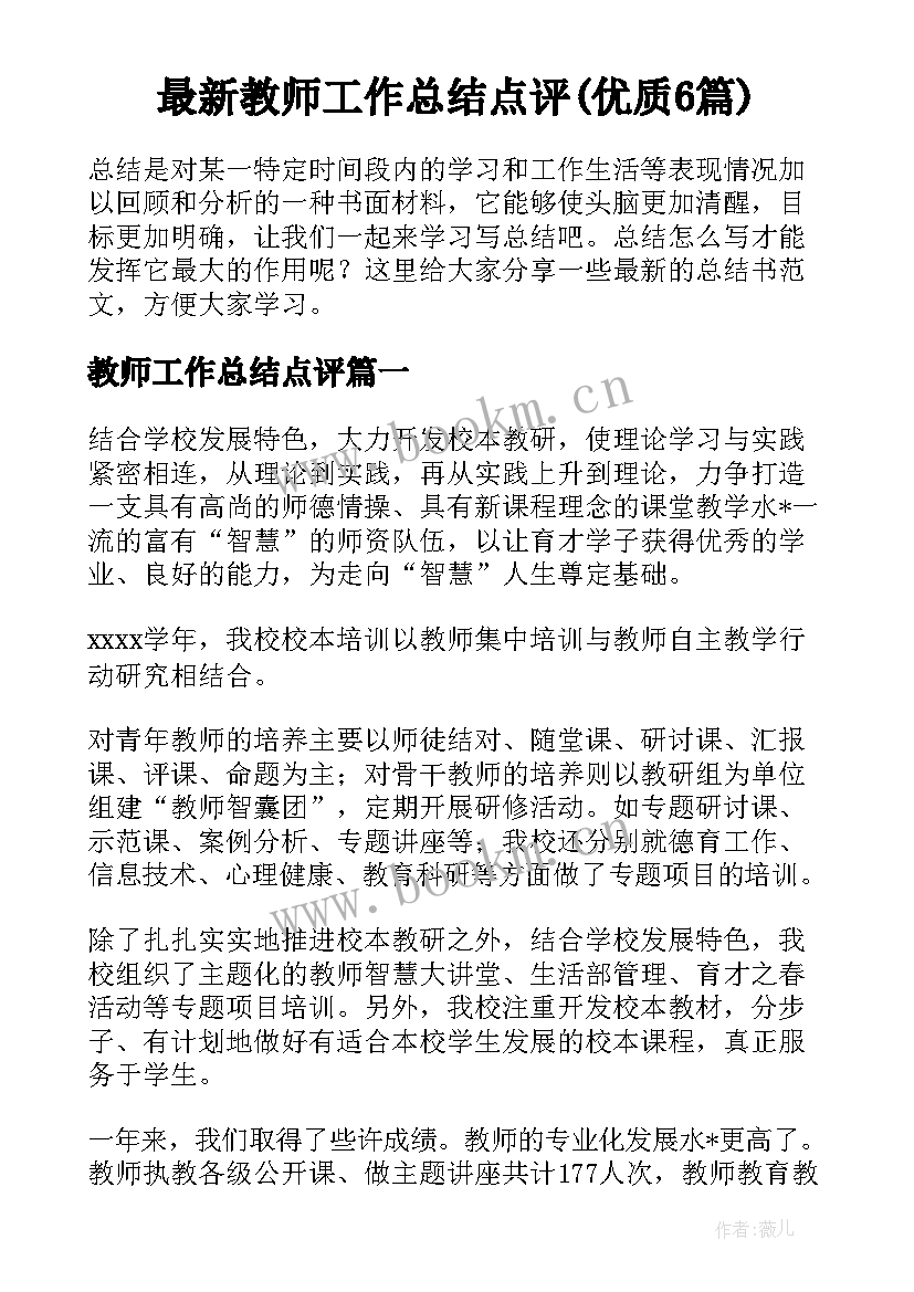 最新教师工作总结点评(优质6篇)