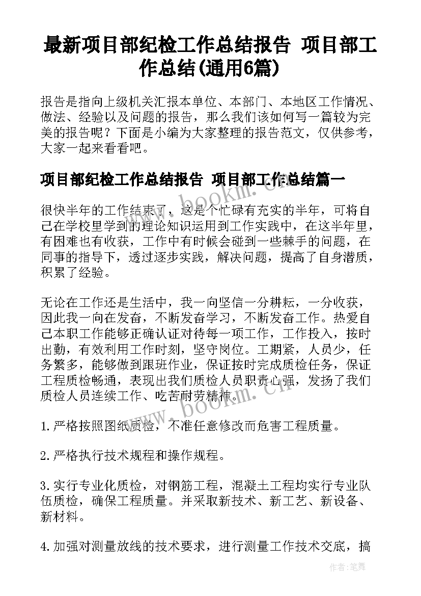 最新项目部纪检工作总结报告 项目部工作总结(通用6篇)