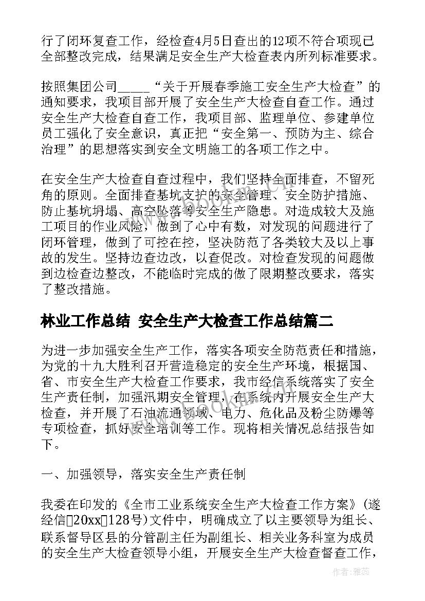 2023年林业工作总结 安全生产大检查工作总结(模板8篇)