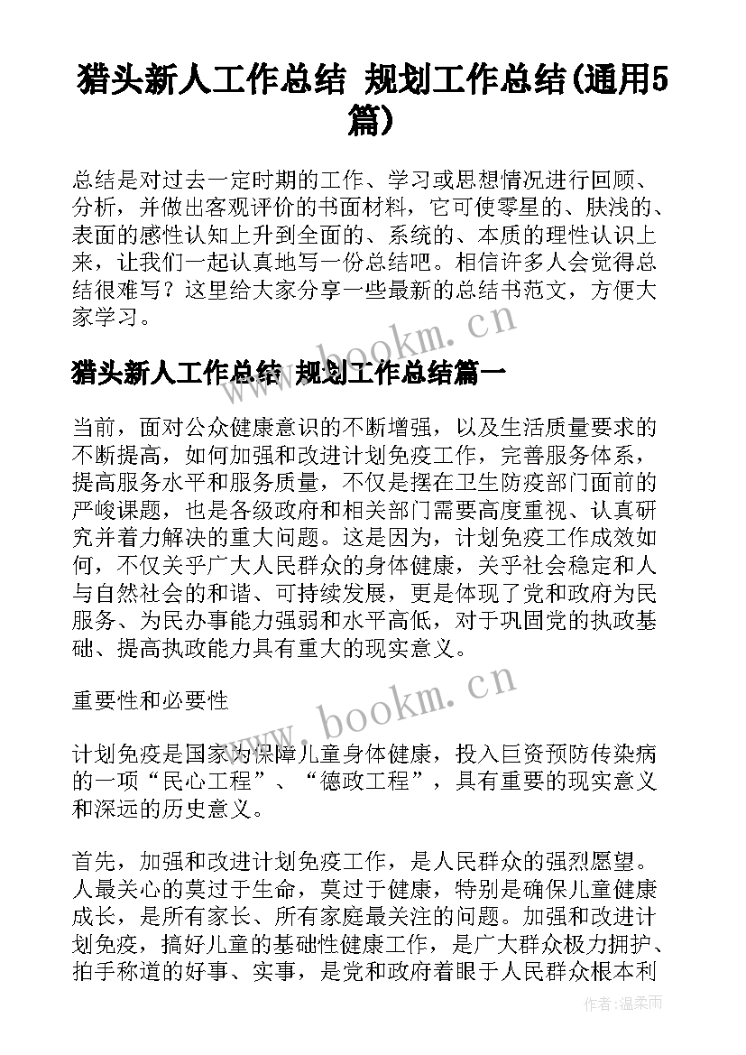 猎头新人工作总结 规划工作总结(通用5篇)