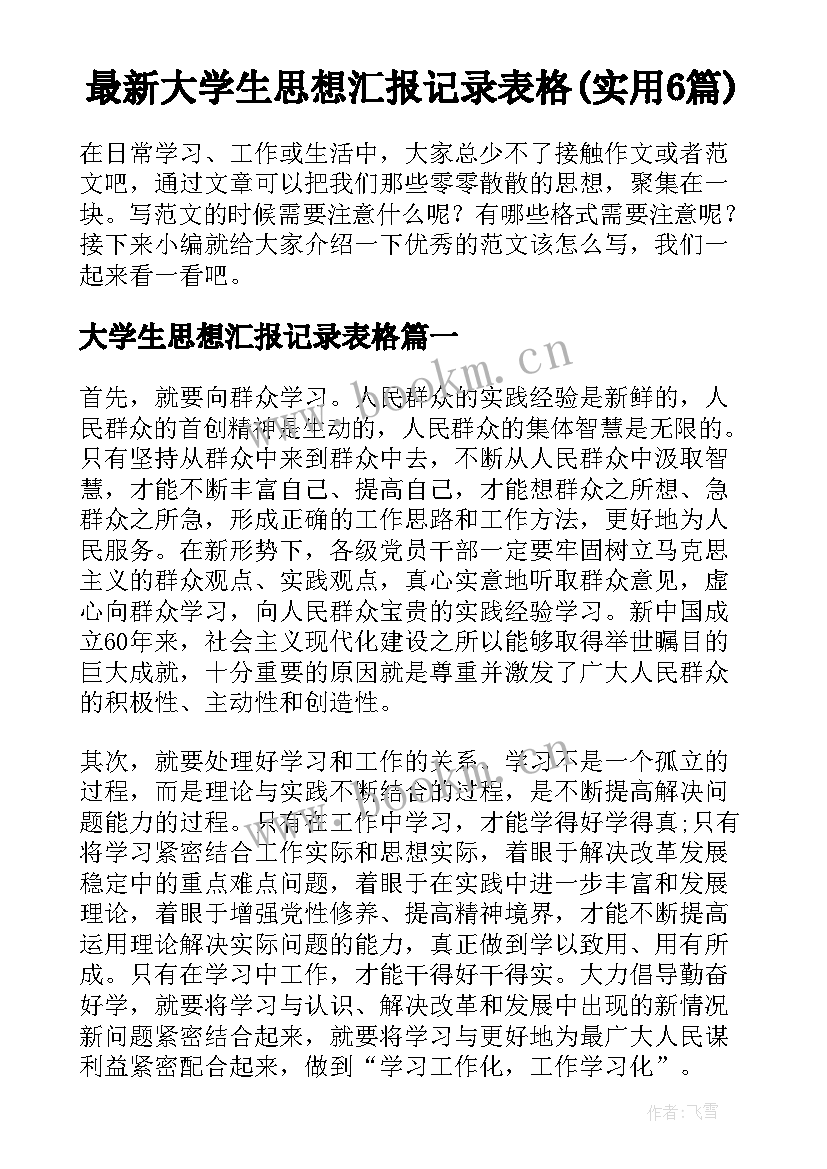 最新大学生思想汇报记录表格(实用6篇)