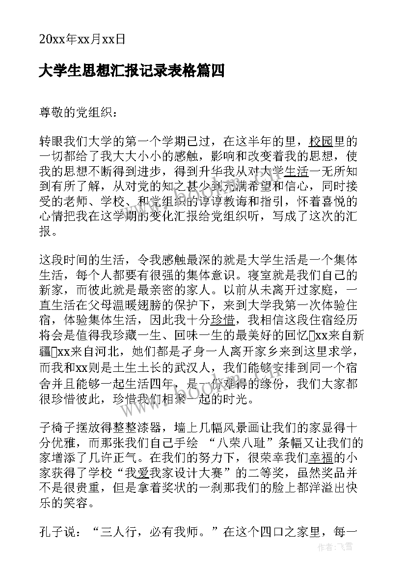 最新大学生思想汇报记录表格(实用6篇)