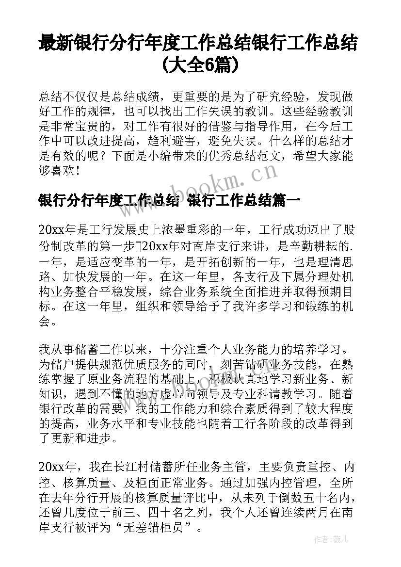 最新银行分行年度工作总结 银行工作总结(大全6篇)