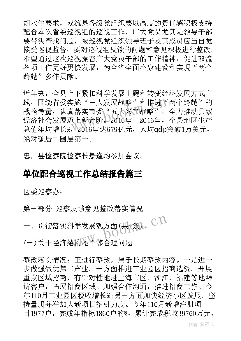 单位配合巡视工作总结报告(大全5篇)