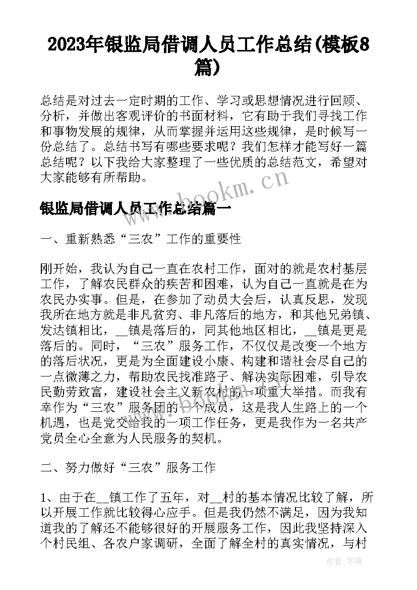 2023年银监局借调人员工作总结(模板8篇)