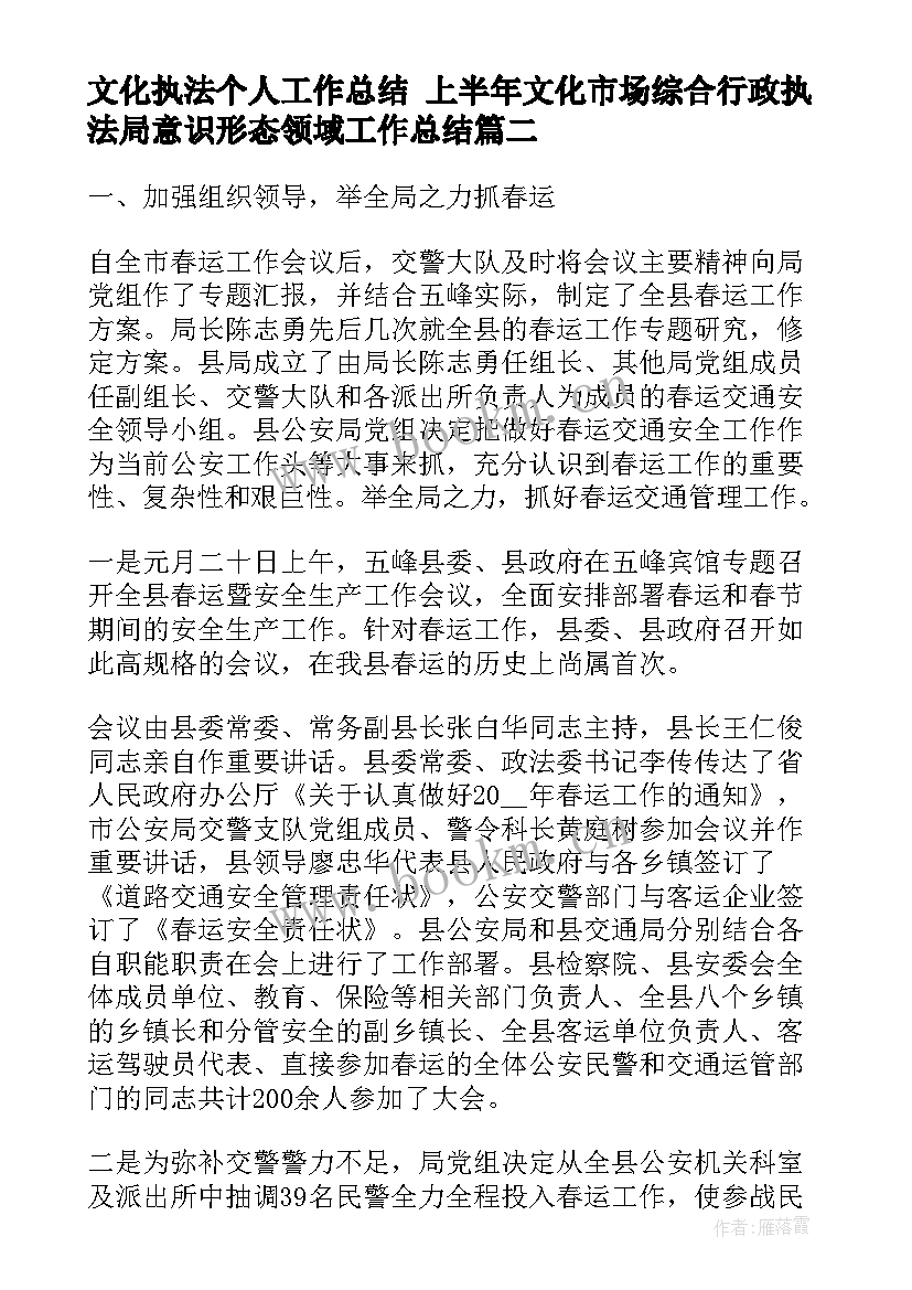 文化执法个人工作总结 上半年文化市场综合行政执法局意识形态领域工作总结(实用6篇)