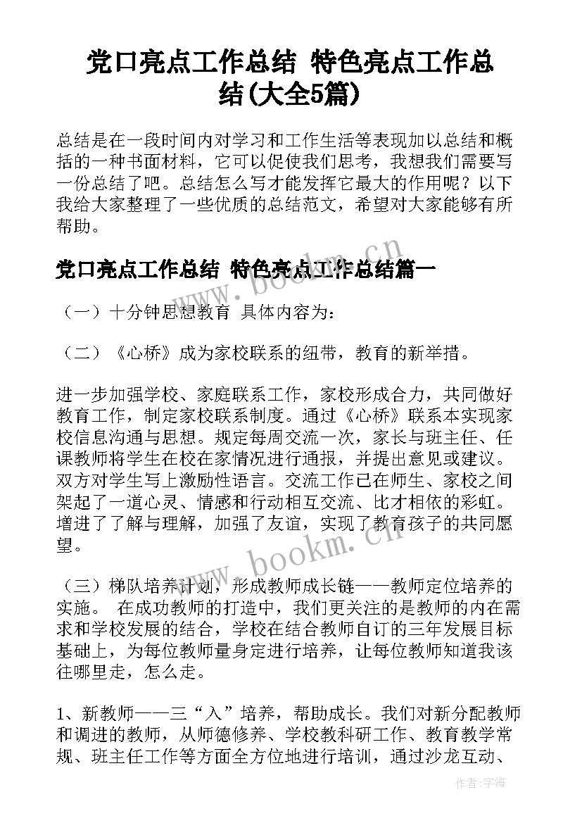 党口亮点工作总结 特色亮点工作总结(大全5篇)