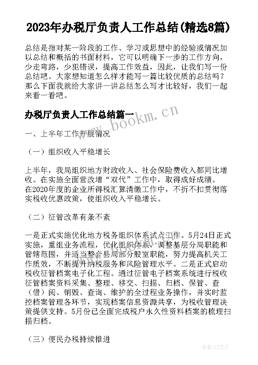 2023年办税厅负责人工作总结(精选8篇)