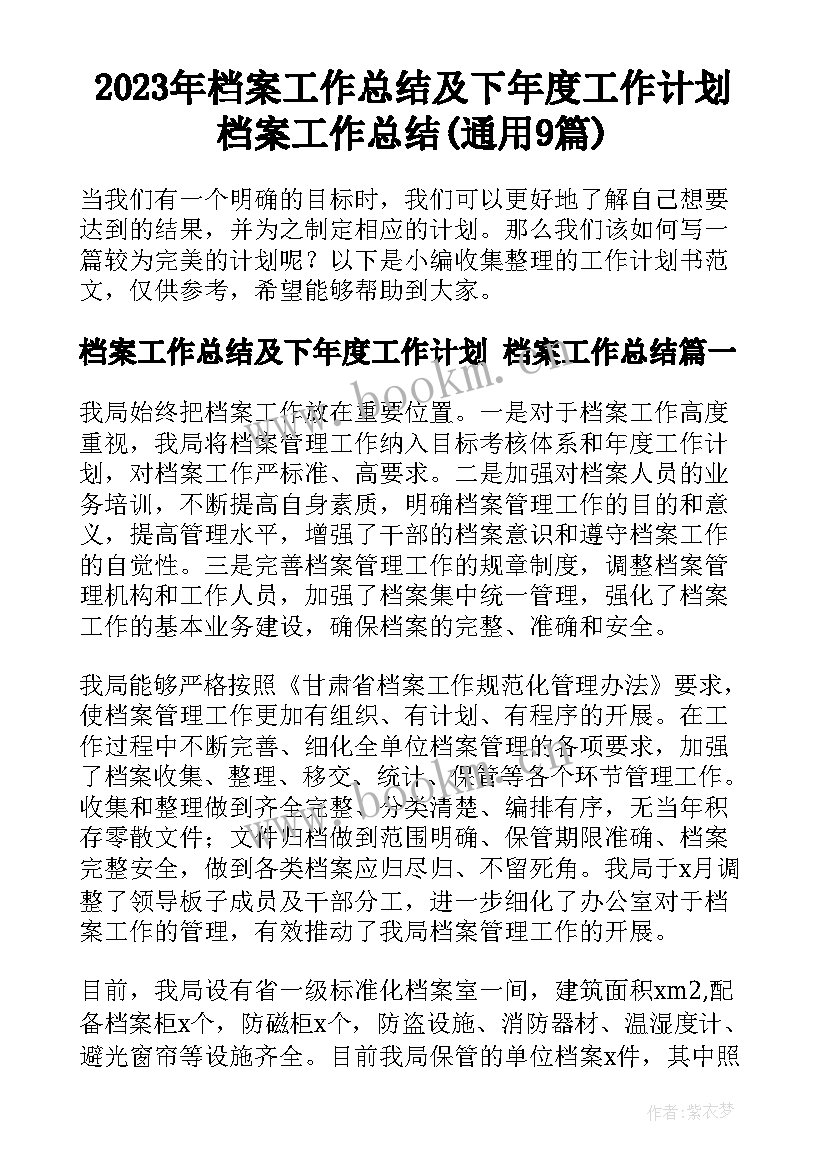 2023年档案工作总结及下年度工作计划 档案工作总结(通用9篇)