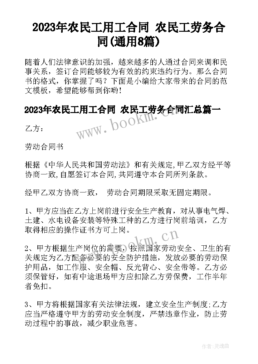 2023年农民工用工合同 农民工劳务合同(通用8篇)