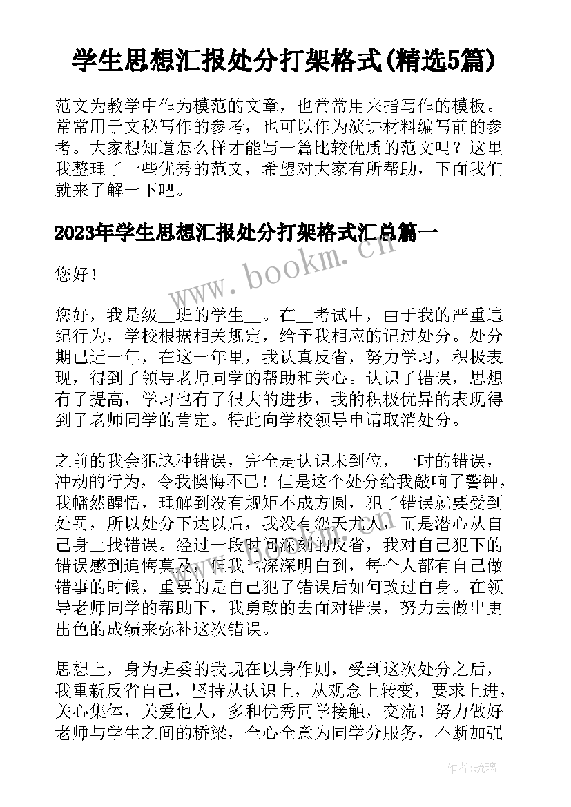 学生思想汇报处分打架格式(精选5篇)