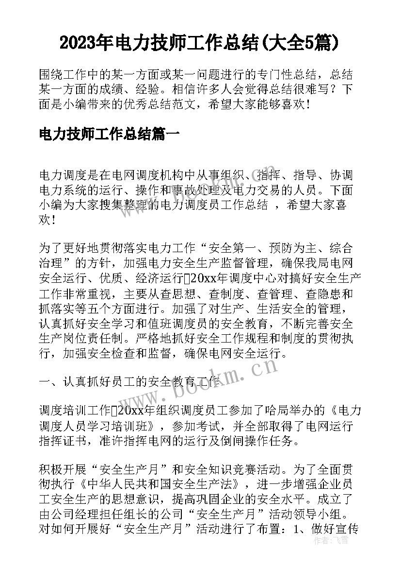 2023年电力技师工作总结(大全5篇)