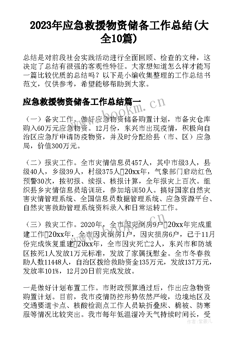 2023年应急救援物资储备工作总结(大全10篇)