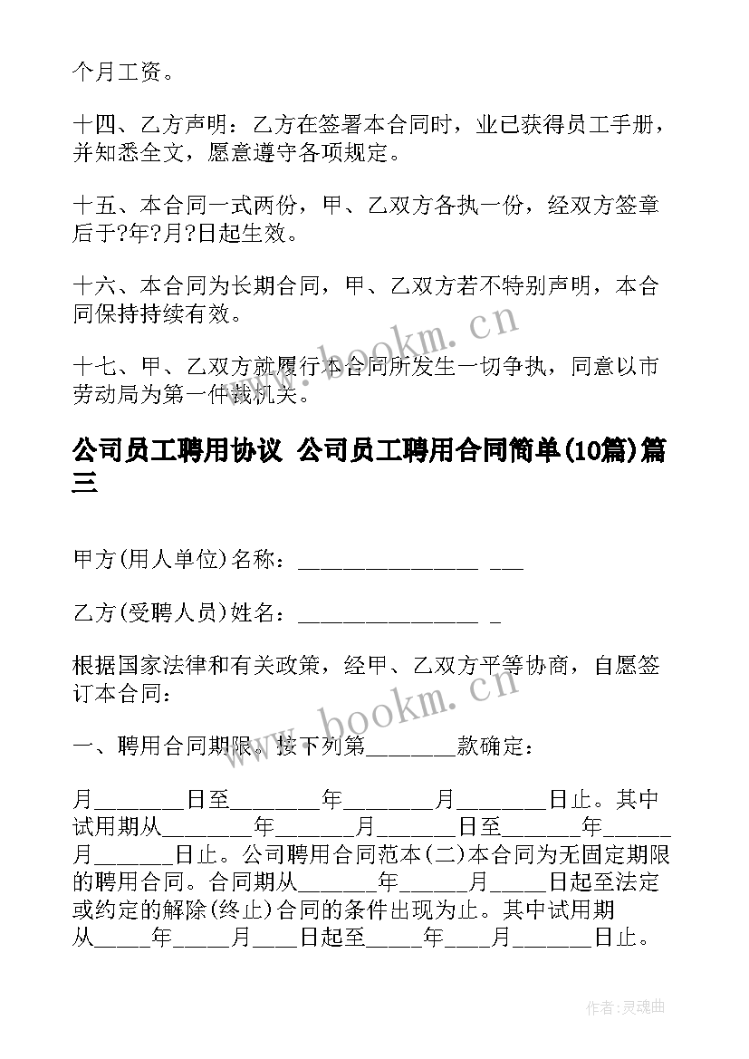 公司员工聘用协议 公司员工聘用合同简单(实用10篇)