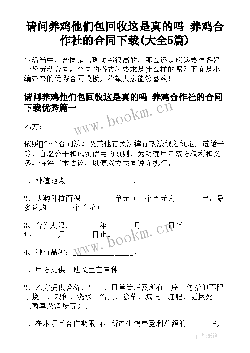 请问养鸡他们包回收这是真的吗 养鸡合作社的合同下载(大全5篇)