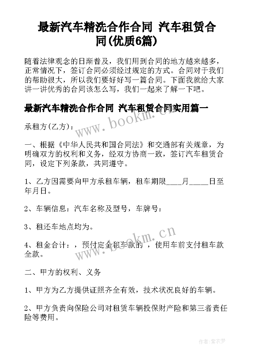 最新汽车精洗合作合同 汽车租赁合同(优质6篇)