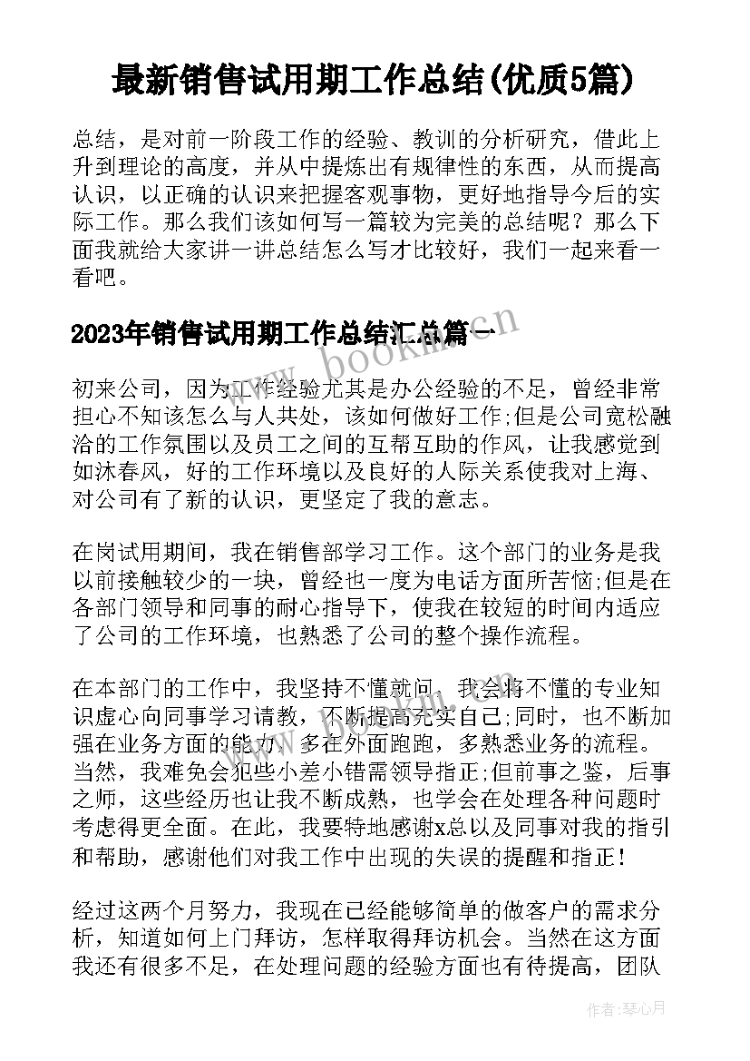 最新销售试用期工作总结(优质5篇)