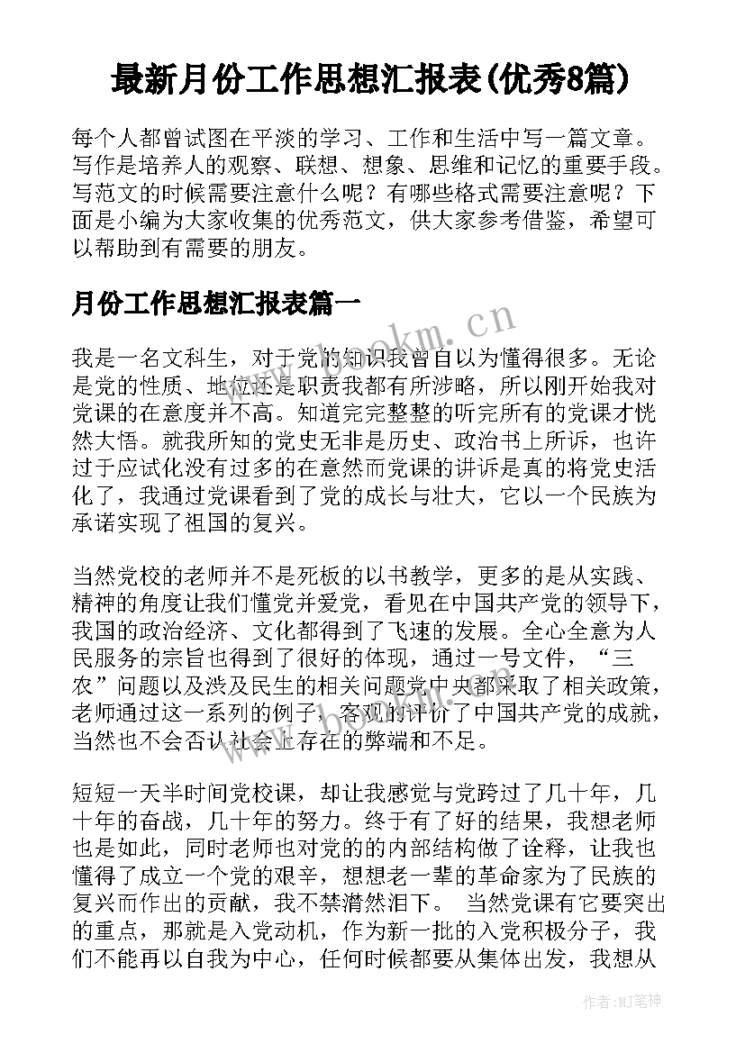 最新月份工作思想汇报表(优秀8篇)