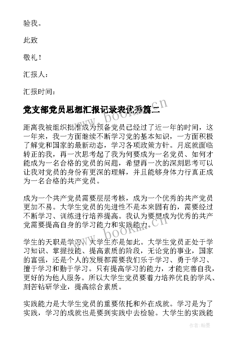 2023年党支部党员思想汇报记录表(大全8篇)