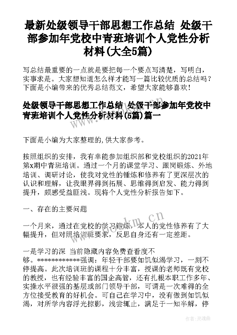 最新处级领导干部思想工作总结 处级干部参加年党校中青班培训个人党性分析材料(大全5篇)