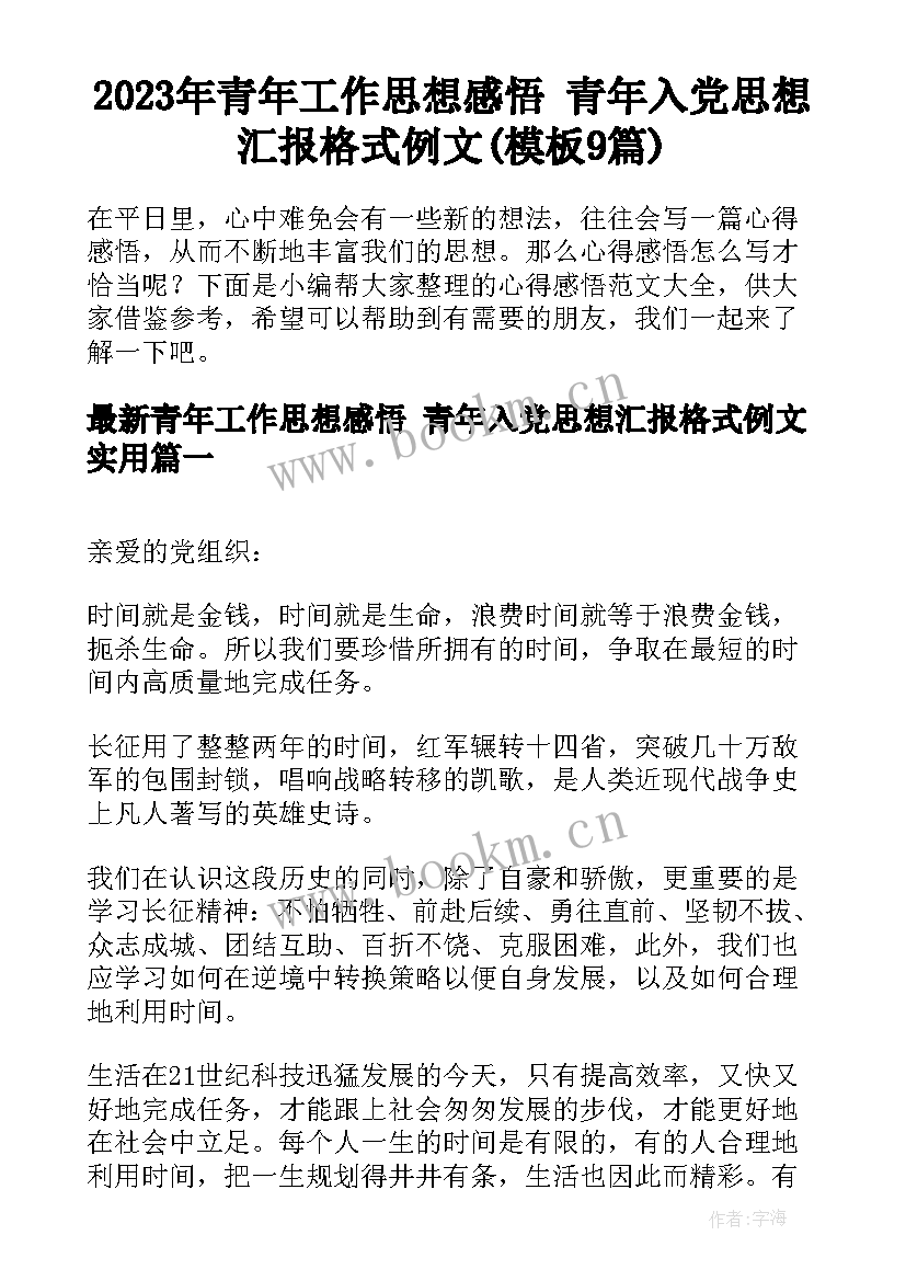 2023年青年工作思想感悟 青年入党思想汇报格式例文(模板9篇)