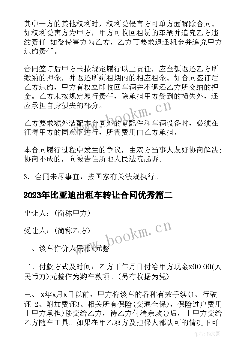 2023年比亚迪出租车转让合同(模板6篇)