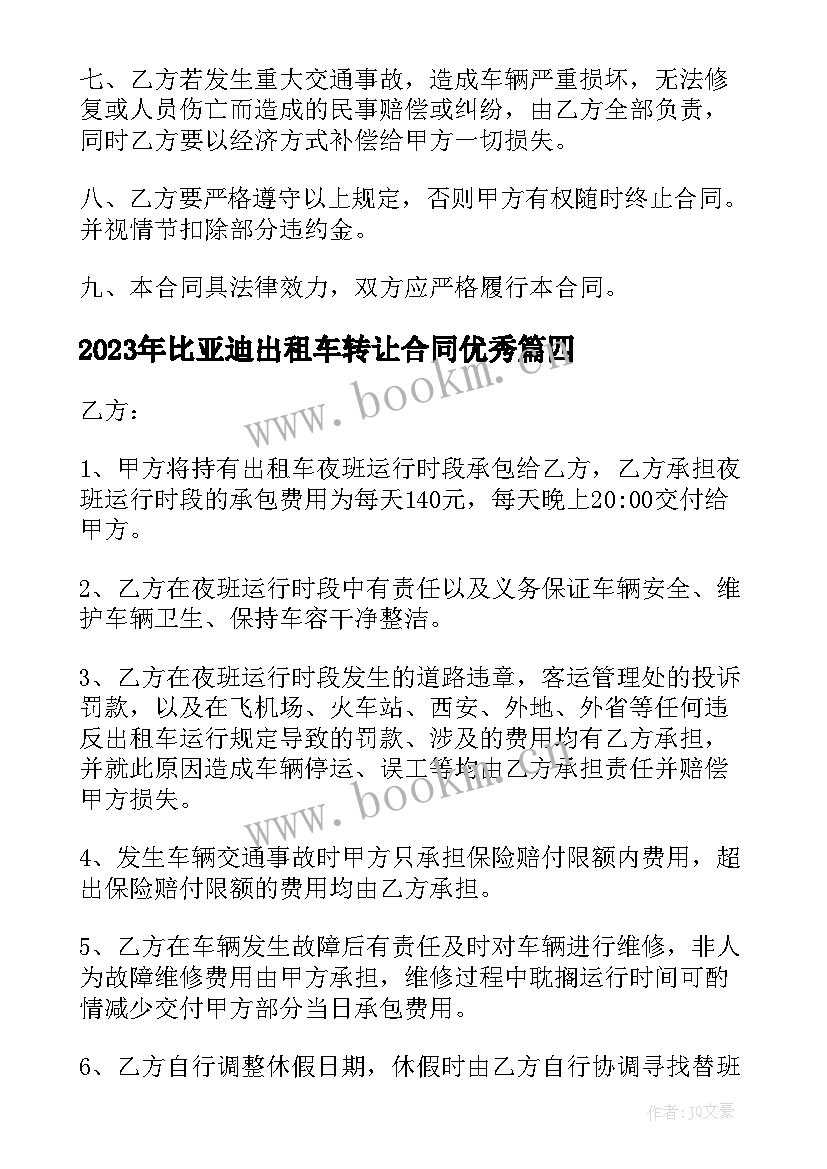 2023年比亚迪出租车转让合同(模板6篇)