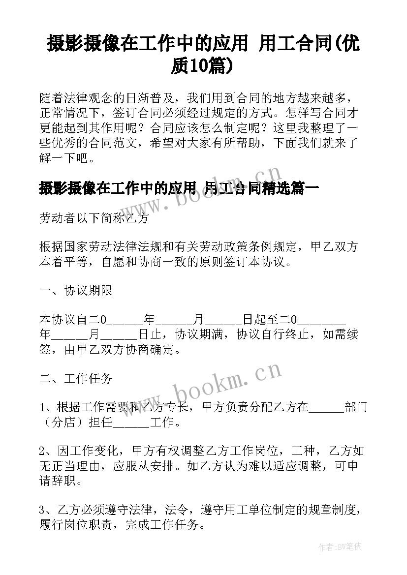 摄影摄像在工作中的应用 用工合同(优质10篇)