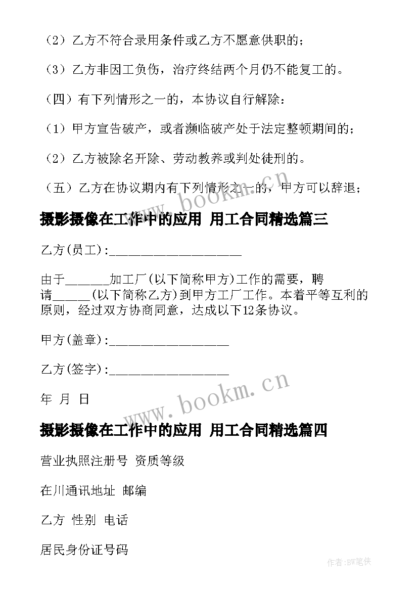 摄影摄像在工作中的应用 用工合同(优质10篇)