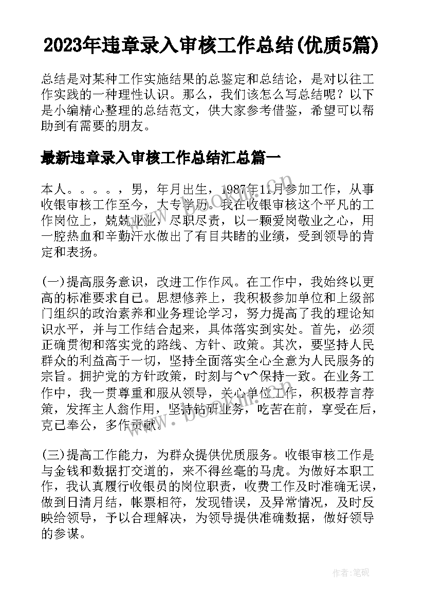 2023年违章录入审核工作总结(优质5篇)