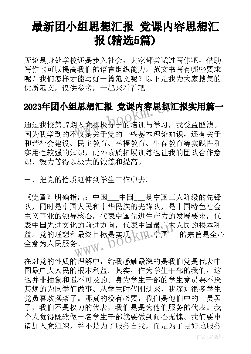 最新团小组思想汇报 党课内容思想汇报(精选5篇)