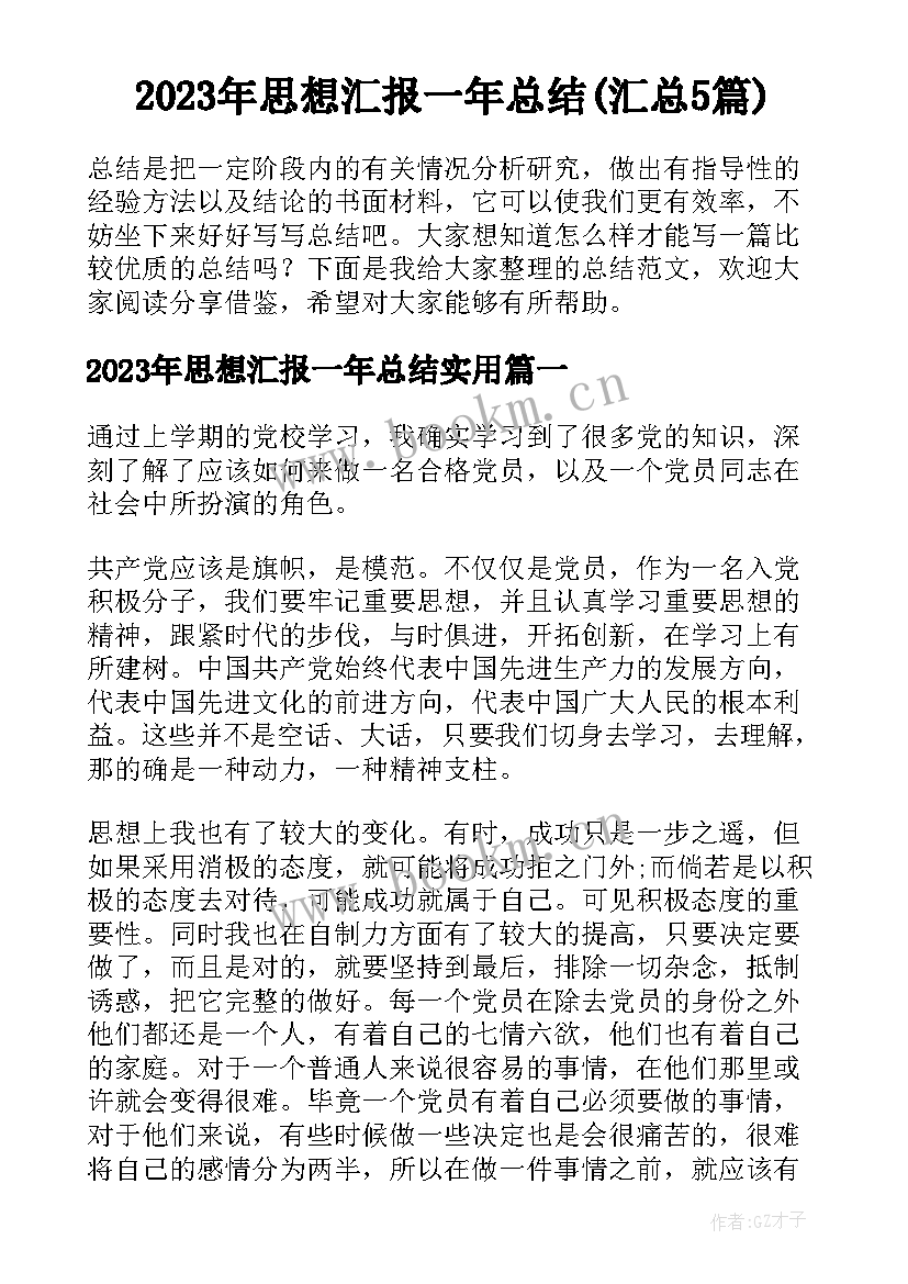 2023年思想汇报一年总结(汇总5篇)