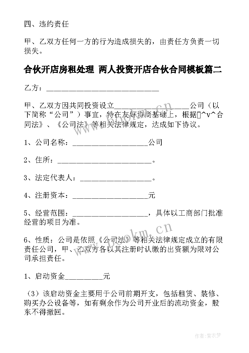 最新合伙开店房租处理 两人投资开店合伙合同(模板5篇)