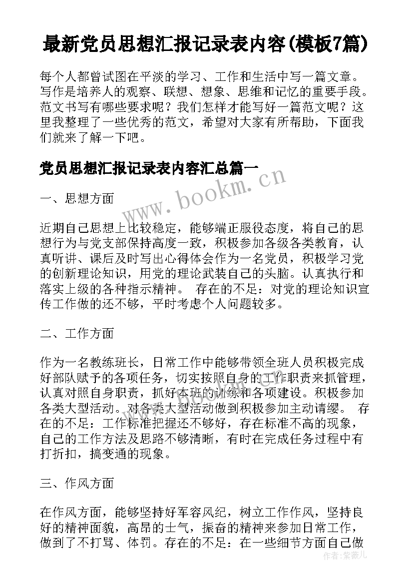 最新党员思想汇报记录表内容(模板7篇)