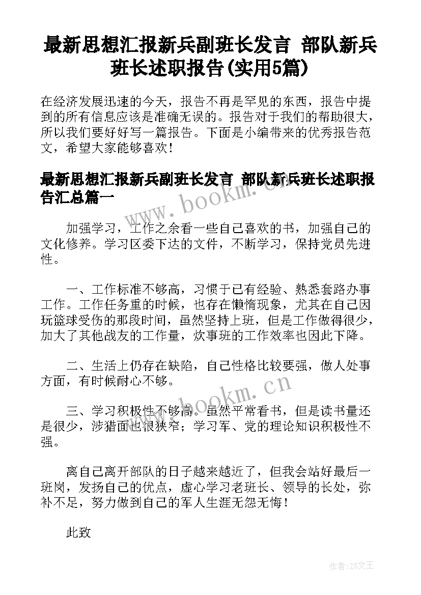 最新思想汇报新兵副班长发言 部队新兵班长述职报告(实用5篇)