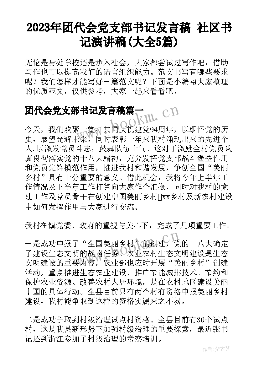 2023年团代会党支部书记发言稿 社区书记演讲稿(大全5篇)