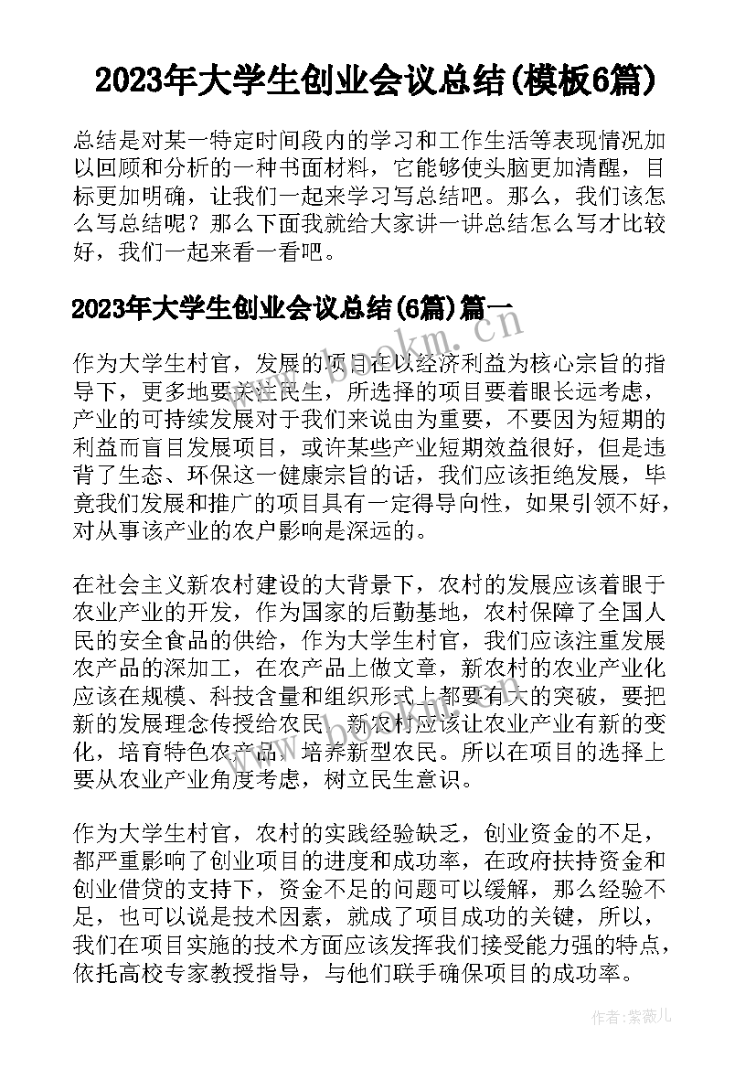 2023年大学生创业会议总结(模板6篇)