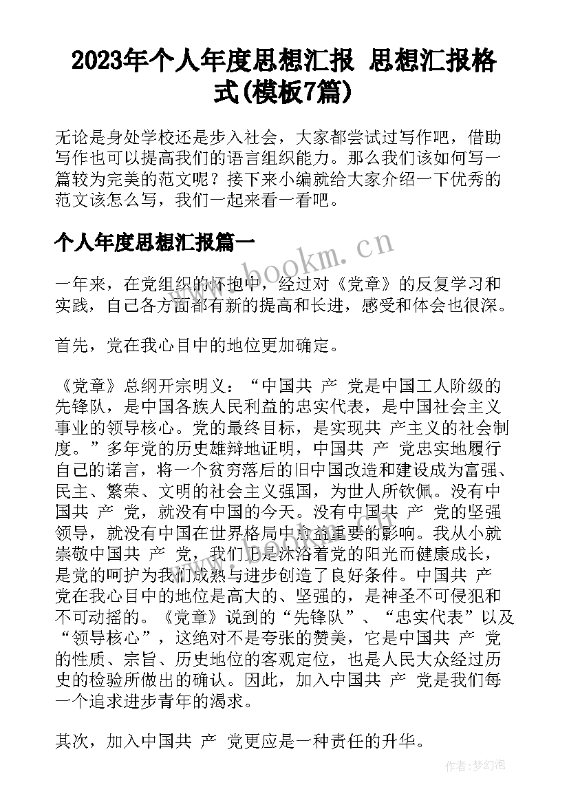 2023年个人年度思想汇报 思想汇报格式(模板7篇)