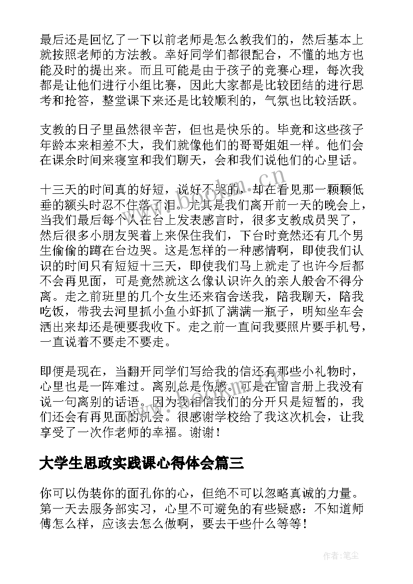 最新大学生思政实践课心得体会 大学生实践心得体会(大全6篇)