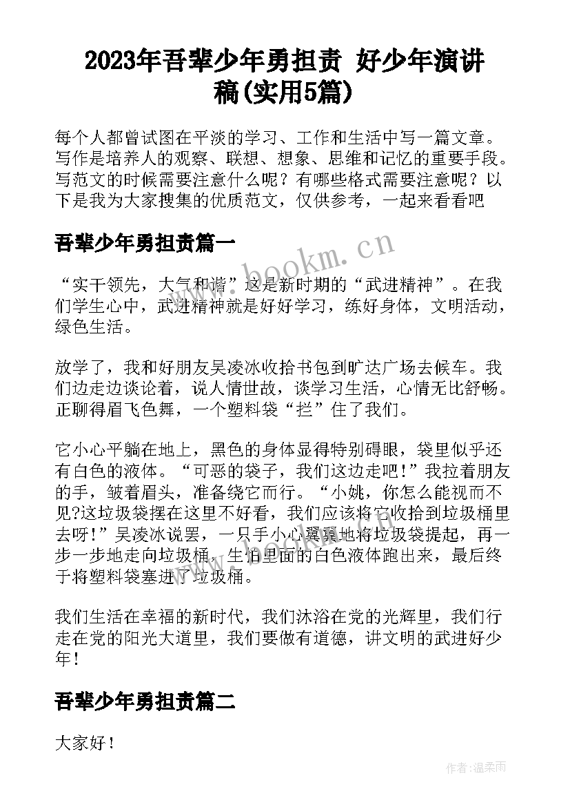 2023年吾辈少年勇担责 好少年演讲稿(实用5篇)