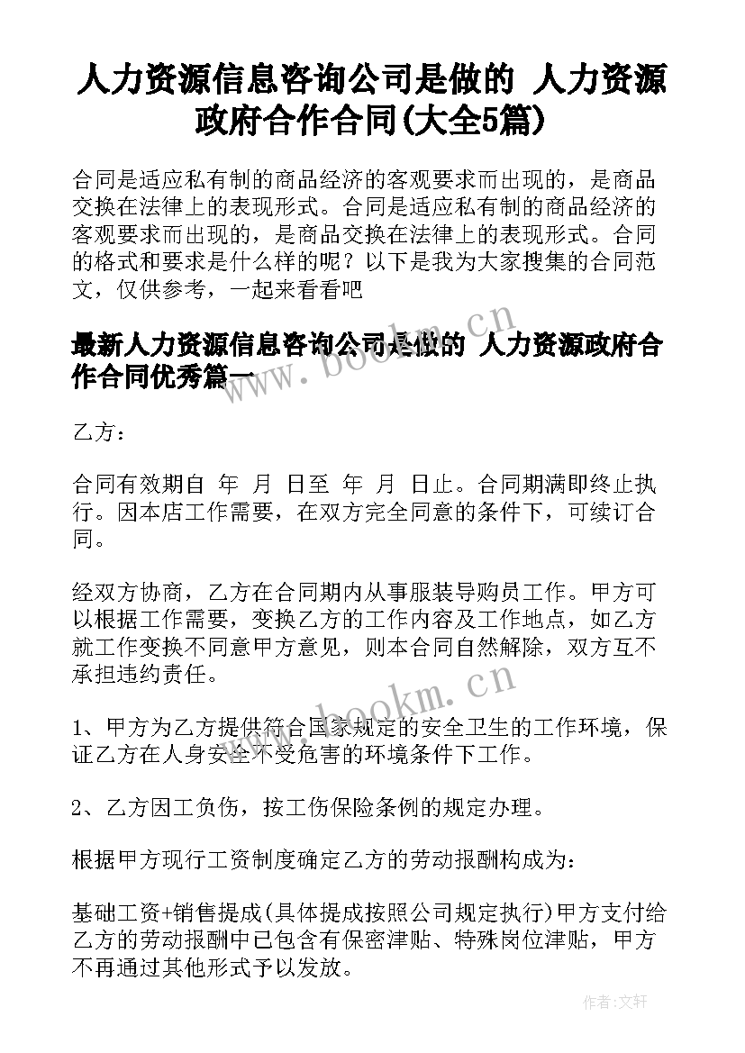 人力资源信息咨询公司是做的 人力资源政府合作合同(大全5篇)