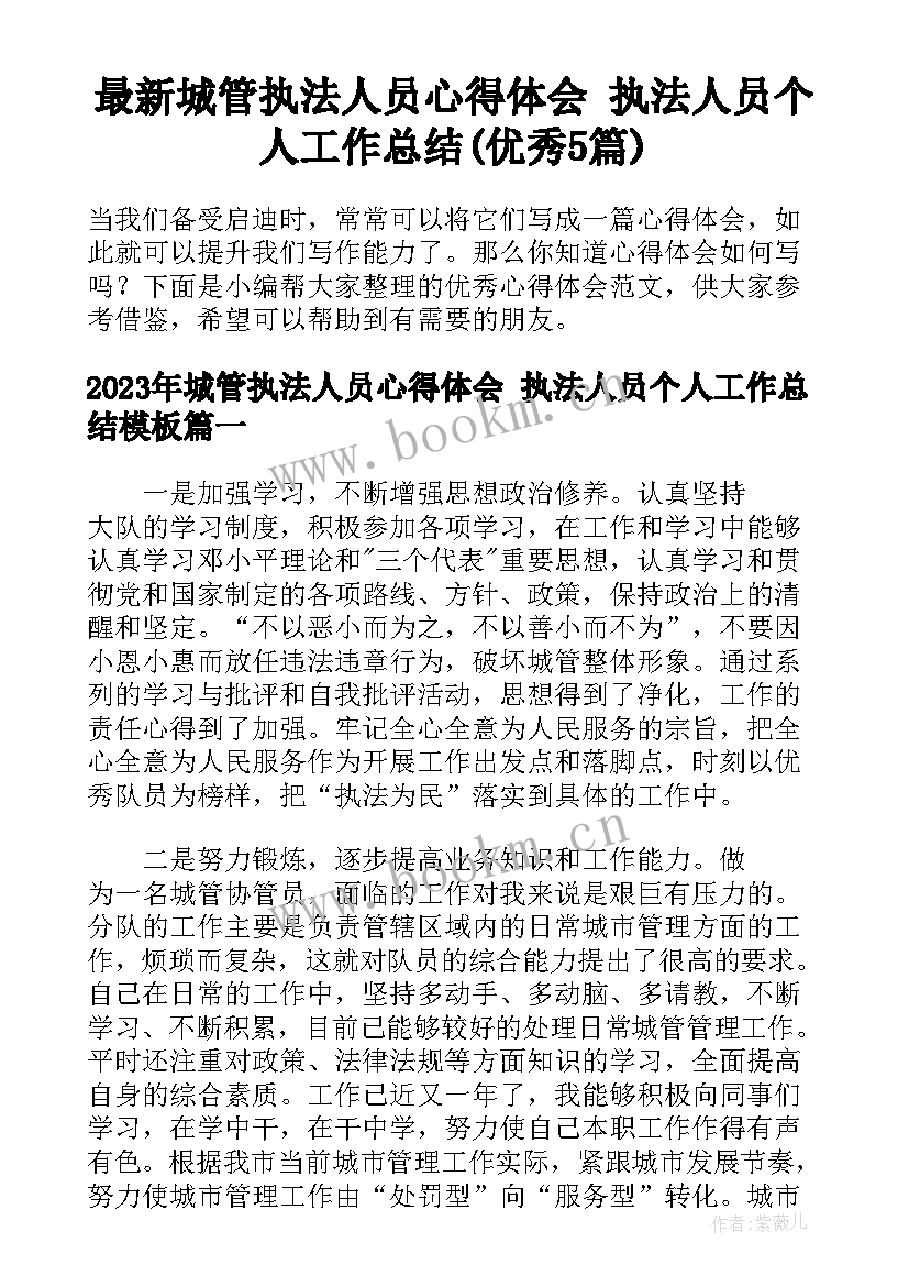 最新城管执法人员心得体会 执法人员个人工作总结(优秀5篇)