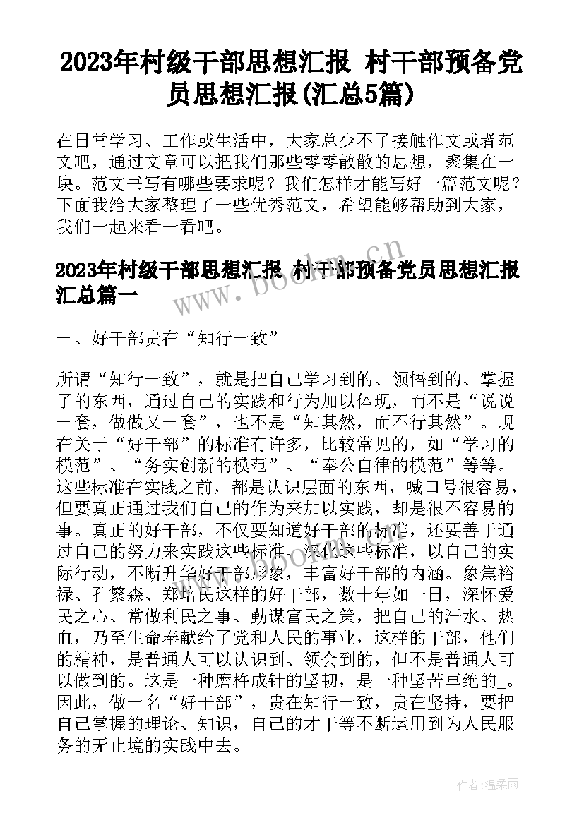 2023年村级干部思想汇报 村干部预备党员思想汇报(汇总5篇)