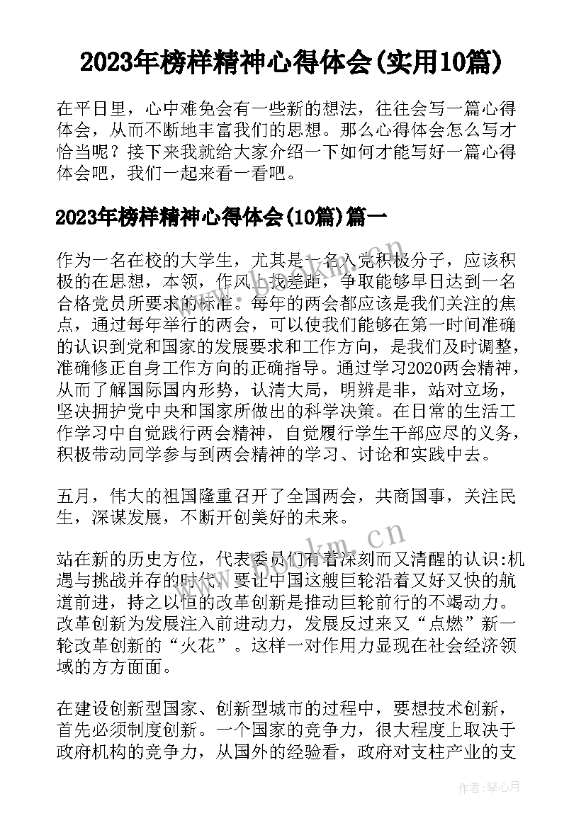 2023年榜样精神心得体会(实用10篇)