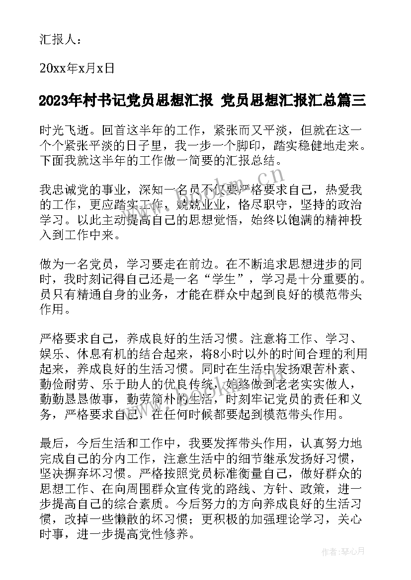 2023年村书记党员思想汇报 党员思想汇报(实用5篇)