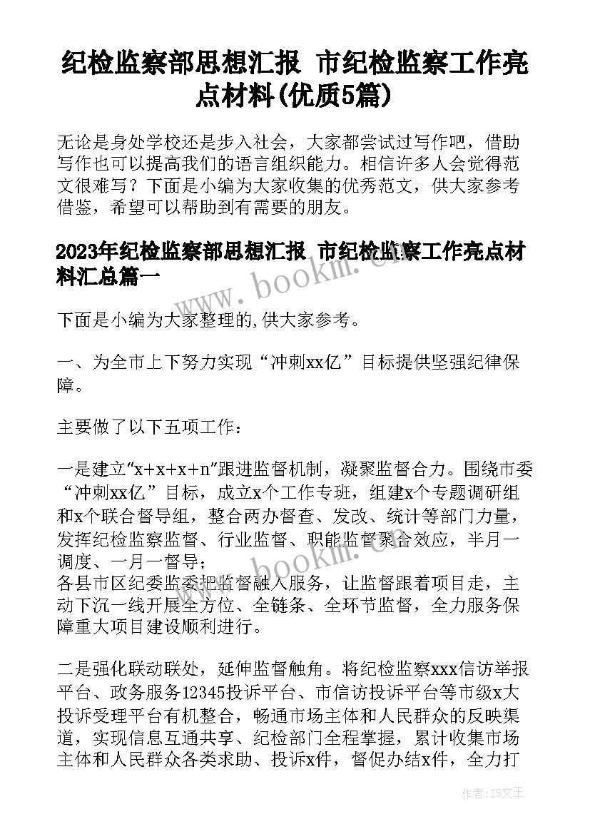 纪检监察部思想汇报 市纪检监察工作亮点材料(优质5篇)