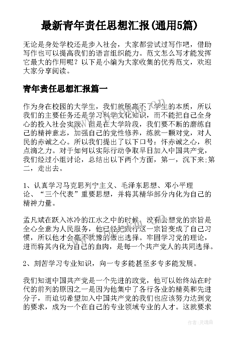 最新青年责任思想汇报(通用5篇)